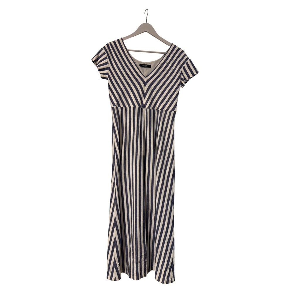 Weekend Max Mara Blue White Striped V-Neck Midi Dress Short Sleeve Medium